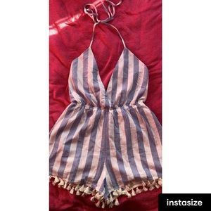 Nasty Gal blue and white romper w tassels